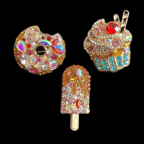 Sweet Treats Pin Brooch Donut Cupcake Ice Cream Multicolored Crystals Set 3 New - Picture 1 of 2